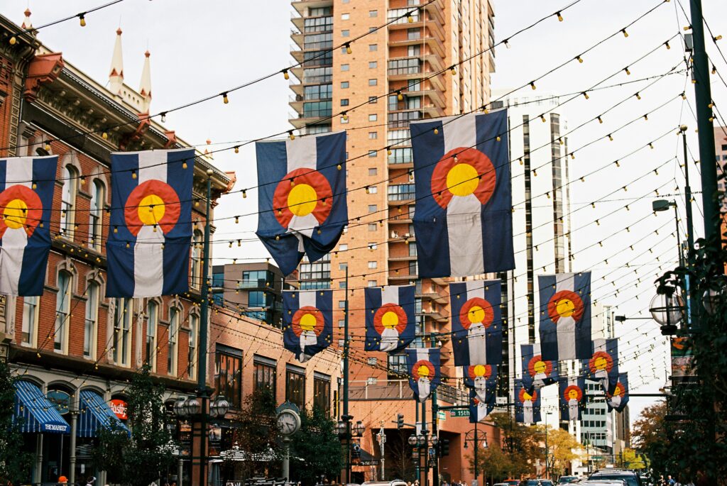 Yellow, Red and Blue Street lanterns in Denver Colorado